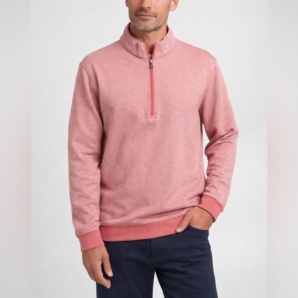 Bugatchi Houndstooth Quarter Zip Pullover Salmon Cotton Blend Sweater L